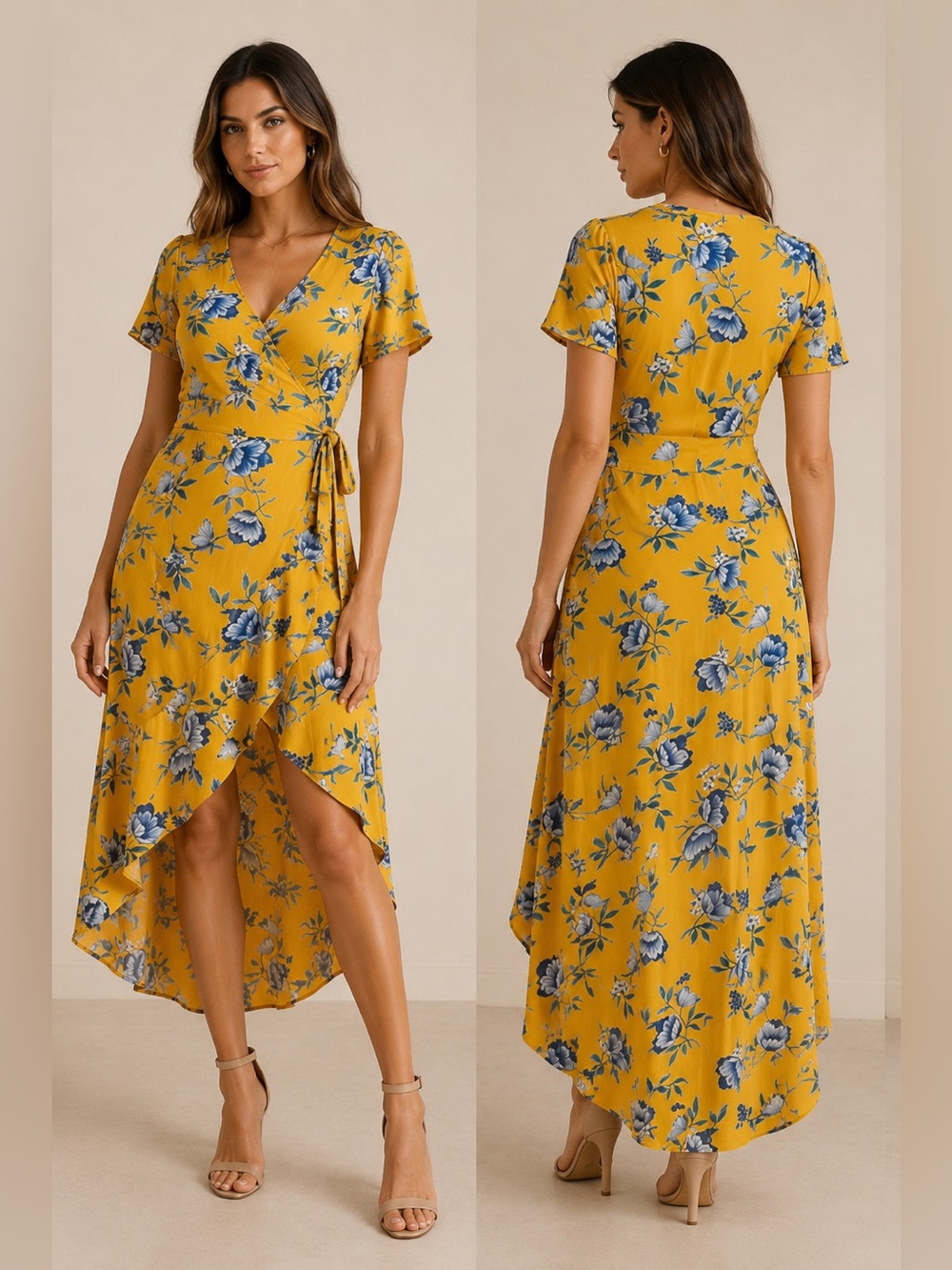 NWOT by & by Yellow Wrap Midi Dress with Blue Floral Print